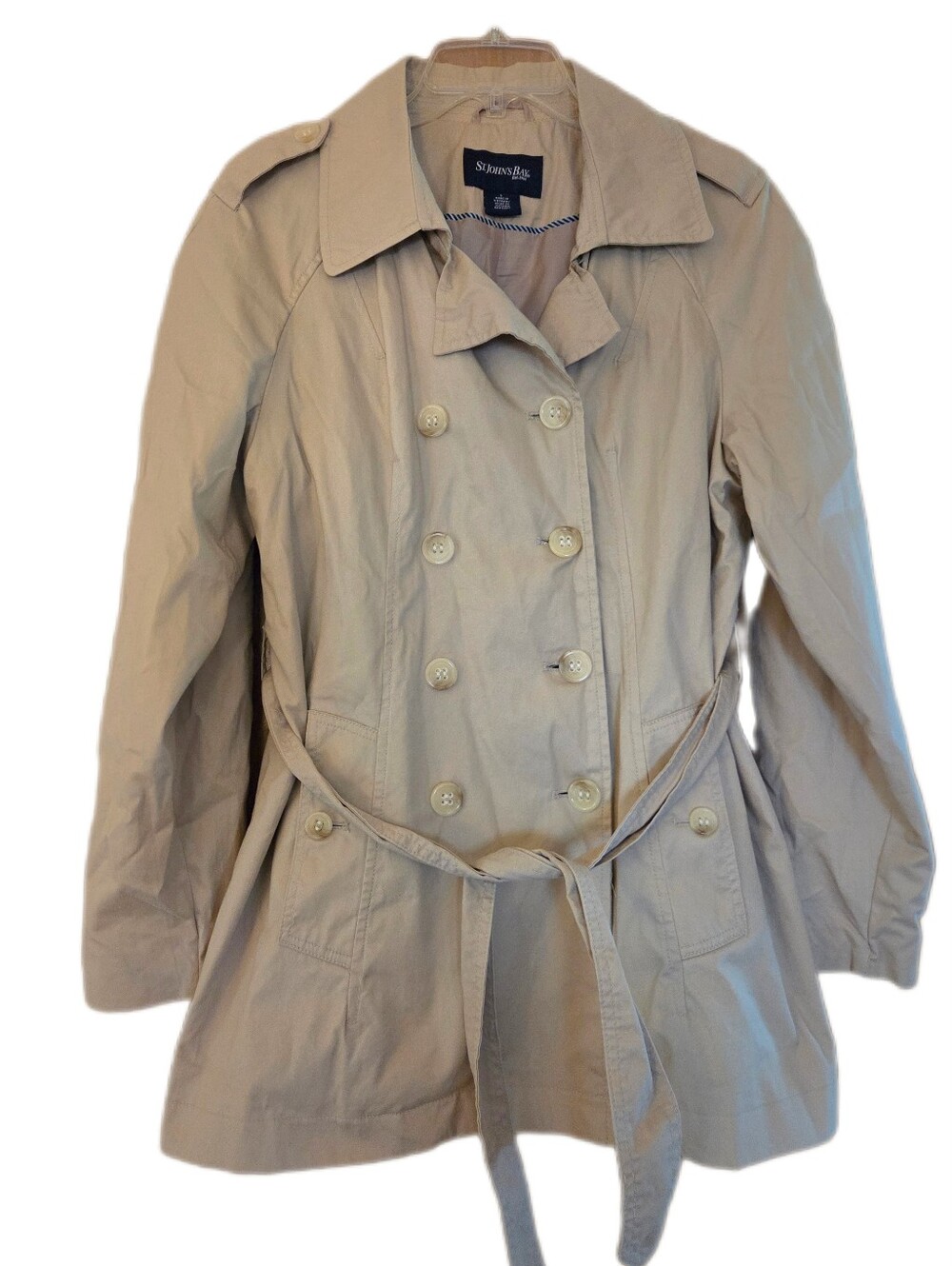 St Johns Bay Tan Trench Coat Cotton Fall Staple Double Breasted  Size Large
